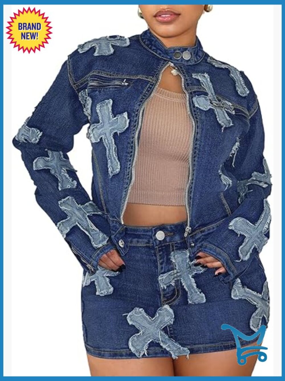 2 Piece Denim Skirt Set Long Sleeve Jean Jacket Bodycon Mini Skirt Y2K Outfits